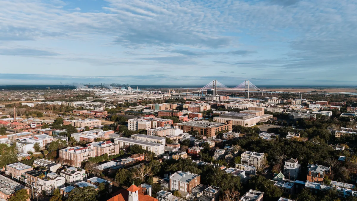 Aerial view of Savannah and the Talmadge Memorial Bridge