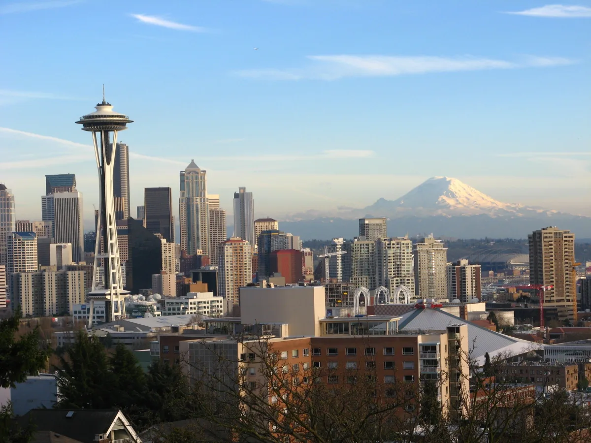 Seattle skyline with the Space Needle and Mount Rainier